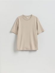 T-shirt regular z włóknem bambusowym - beżowy. Brązowe t-shirty męskie Reserved, l, bez wzorów, z dzianiny, bez kołnierzyka. Za 99.99 zł.