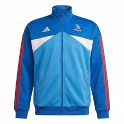 Kurtka dresowa damska Francja 2026/27. Niebieskie bluzy sportowe damskie Adidas, bez wzorów, z dresówki, bez kaptura, do piłki ręcznej. Za 349.50 zł.
