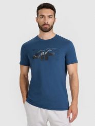 4F T-shirt regular z nadrukiem męski - turkusowy L. Niebieskie koszulki sportowe męskie 4f, l, bez wzorów, z bawełny, klasyczne, bez kołnierzyka. Za 59.99 zł.