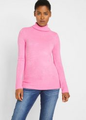 Sweter basic z golfem. Czarne swetry damskie bonprix, bez wzorów, bez kołnierzyka, bez ramiączek, bez kaptura. Za 64.99 zł.
