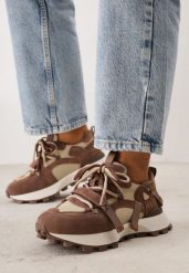 Brązowe Zamszowe Sneakersy Chunky na Platformie z Bieżnikiem ze Skórzaną Wkładką Favusa. Brązowe obuwie sportowe damskie Renee, bez wzorów, z jeansu. Za 249.99 zł.