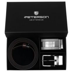 Zestaw prezentowy: dwustronny pasek skórzany w brązowym i czarnym kolorze Peterson PTN KL-B007S001. Brązowe paski damskie Peterson, bez wzorów, ze skóry, eleganckie. Za 139.99 zł.
