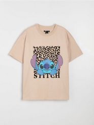 Bawełniana koszulka z nadrukiem Stitch - beżowy. Brązowe t-shirty damskie Sinsay, l, bez wzorów, z bawełny, bez kołnierzyka. Za 39.99 zł.