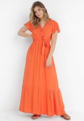 Pomarańczowa Sukienka Diomeira. Brązowe sukienki damskie Born2be, l, bez wzorów, z tkaniny, eleganckie, bez kołnierzyka, bez ramiączek, maxi, kopertowe. Za 69.99 zł.