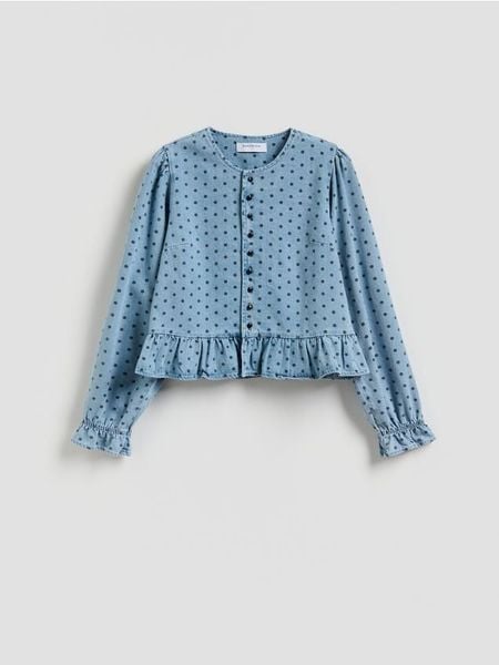 Jeansowa marynarka w groszki - niebieski. Niebieskie żakiety damskie Reserved, l, bez wzorów, z denimu. Za 129.99 zł.