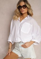 Biała Koszula z Bawełny Zapinana na Guziki z Dłuższym Tyłem i Ściągaczem Talissa. Białe bluzki damskie Renee, l, bez wzorów, z bawełny, biznesowe, bez kołnierzyka, bez ramiączek. Za 109.99 zł.