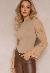 Beżowy Sweter z Ozdobnym Haftem i Ażurowym Rękawem Anulika. Brązowe swetry damskie Renee, na jesień, w ażurowe wzory, z wiskozy, casualowe, bez kołnierzyka, bez ramiączek, bez kaptura. Za 74.99 zł.
