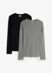 Prążkowana koszulka ciążowa z czystej bawełny (zestaw 2 szt.). Szare t-shirty damskie bonprix, bez wzorów, z bawełny, bez kołnierzyka. Za 144.99 zł.