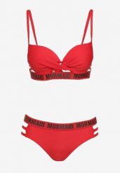 Czerwone Bikini z Supełkiem na Biustonoszu z Ozdobnymi Paseczkami i Napisami Bibalia. Czerwone bikini damskie Renee, na lato, bez wzorów. Za 49.99 zł.