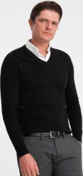 Ombre Sweter męski z dekoltem "w serek" z koszulowym kołnierzykiem - czarny V1 OM-SWSW-0102 XL. Czarne bluzy męskie Ombre, m, bez wzorów, bez kołnierzyka. Za 129.99 zł.