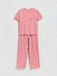 Dwuczęściowa piżama z nadrukiem - intenstywna czerwień. Czerwone piżamy damskie Reserved, l, bez wzorów, z bawełny, bez ramiączek. Za 79.99 zł.