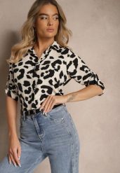 Jasnobeżowa Koszula z Dodatkiem Bawełny w Cętki Efamara. Brązowe bluzki damskie Renee, l, bez wzorów, z bawełny, eleganckie, bez kołnierzyka, bez ramiączek. Za 49.99 zł.