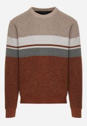Beżowy Sweter z Wełną z Eleganckim Kołnierzykiem Koszulowym Espalea. Brązowe swetry przez głowę męskie Born2be, l, z aplikacjami, z dzianiny, bez kołnierzyka. Za 89.99 zł.