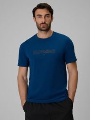 4F T-shirt regular z nadrukiem męski - granatowy L. Niebieskie t-shirty męskie 4f, l, bez wzorów, z bawełny, bez kołnierzyka. Za 59.99 zł.