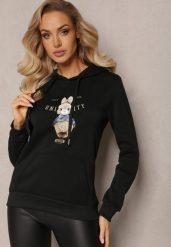 Czarna Ocieplana Bluza z Ozdobnym Nadrukiem i Kapturem Hitee. Czarne bluzy damskie Renee, l, z aplikacjami, z dzianiny, z kapturem. Za 79.99 zł.
