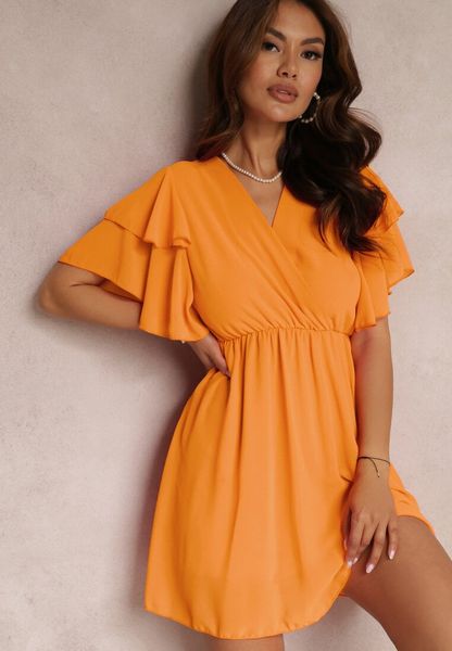 Pomarańczowa Sukienka Nemele. Brązowe sukienki damskie Renee, na lato, m, bez wzorów, bez kołnierzyka, bez ramiączek, mini, kopertowe. Za 79.99 zł.