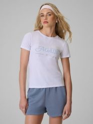 4F T-shirt slim z nadrukiem damski - biały XXL. Białe t-shirty damskie 4f, xxl, bez wzorów, z dzianiny, bez kołnierzyka. Za 59.99 zł.