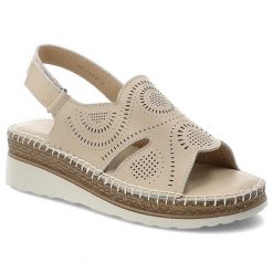 Sandały damskie S.Barski, cholewka ze skóry naturalnej licowej z perforacją pasek wokół pięty z zapięciem na rzep, beżowe, GR61-5916. Brązowe paski damskie S.BARSKI, bez wzorów, ze skóry, bez obcasa, na koturnie, bez zapięcia. Za 189.00 zł.