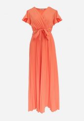 Pomarańczowa Elegancka Sukienka Maxi w Plisy z Kopertowym Dekoltem i Wiązaniem Thessi. Brązowe sukienki damskie Born2be, na lato, m, bez wzorów, eleganckie, bez kołnierzyka, bez ramiączek, maxi, kopertowe. Za 69.99 zł.