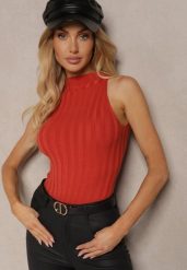 Pomarańczowy Top z Golfem i Wiskozą z Prążkowanego Materiału Lilithea. Brązowe bluzki damskie Renee, m, bez wzorów, z jeansu, eleganckie, bez kołnierzyka, bez ramiączek. Za 69.99 zł.