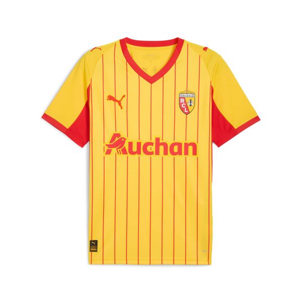 Koszulka domowa RC Lens 2025/26. Żółte koszulki sportowe męskie Puma, bez wzorów, ze lnu, bez kołnierzyka, bez ramiączek, do piłki nożnej. Za 369.50 zł.