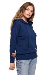 Sweter z Kapturem w Formie Bluzy - Granatowy. Niebieskie bluzki damskie MOE, l, bez wzorów, z bawełny, z kapturem. Za 238.90 zł.