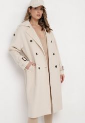 Jasnobeżowy Dwurzędowy Płaszcz z Paskiem Haleri. Brązowe płaszcze damskie Born2be, m, bez wzorów, eleganckie, bez kaptura. Za 269.99 zł.
