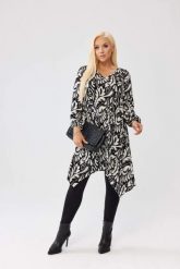Wiskozowa tunika Molly w czarno-biały wzór OVERSIZE PLUS SIZE XXL JESIEŃ. Białe bluzki damskie Moda Size Plus Iwanek, l, bez wzorów, z jeansu, biznesowe, z asymetrycznym kołnierzem, plus size, bez ramiączek. Za 199.90 zł.