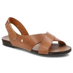 Sandały damskie Armodo, cholewka ze skóry naturalnej lekka podeszwa o minimalistycznym designie, brązowe, 40141. Brązowe klapki damskie Armodo, bez wzorów, ze skóry, bez obcasa, bez zapięcia. Za 299.00 zł.