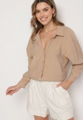 Beżowa Koszula o Kroju Oversize z Modalu Adevessa. Brązowe bluzki damskie Born2be, bez wzorów, z jeansu, eleganckie, bez kołnierzyka, bez ramiączek. Za 89.99 zł.