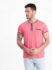 T-shirt męski henley z ozdobnymi ściągaczami - czerwony V1 OM-TSCT-0175 - XXL. Czerwone t-shirty męskie Ombre Clothing, l, z aplikacjami, z elastanu, casualowe, bez kołnierzyka. W wyprzedaży za 39.99 zł.