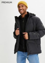 Hydrofobowa, ciepła kurta z prawdziwego puchu z impregnacją Bionic. Czarne kurtki męskie bonprix, m, bez wzorów, z puchu, bez kaptura. Za 559.99 zł.