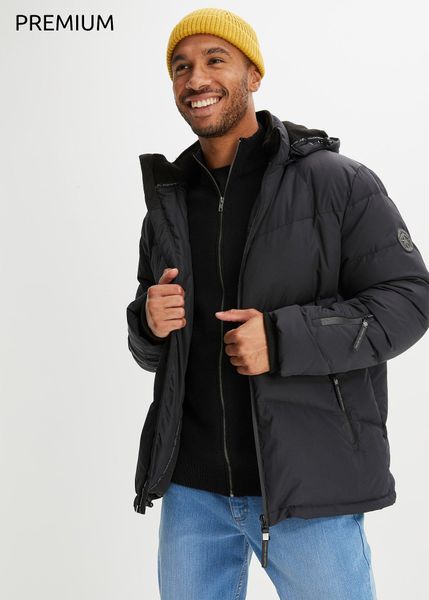 Hydrofobowa, ciepła kurta z prawdziwego puchu z impregnacją Bionic. Czarne kurtki męskie bonprix, m, bez wzorów, z puchu, bez kaptura. Za 549.99 zł.