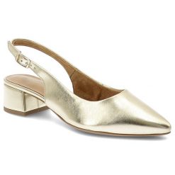 Złote Sandały Tamaris Eleganckie Obuwie Damskie. Żółte klapki damskie Tamaris, bez wzorów, bez obcasa, na obcasie, bez zapięcia. Za 339.00 zł.