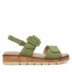 Sandały Caprice. Zielone sandały damskie Caprice, bez wzorów, bez obcasa, na płaskiej podeszwie, bez zapięcia. Za 239.99 zł.