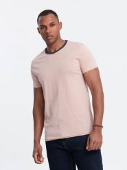 Męski t-shirt z surowym wykończeniem – różowy V5 - Rozmiar: L. Czerwone t-shirty męskie Ombre Clothing, l, z aplikacjami, z bawełny, bez kołnierzyka. W wyprzedaży za 19.99 zł.