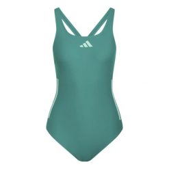 Jednoczęściowy strój kąpielowy z odkrytymi plecami dla kobiet adidas 3-Stripes. Zielone kostiumy jednoczęściowe damskie Adidas, l, bez wzorów, z materiału, eleganckie, na fitness i siłownię. Za 190.70 zł.