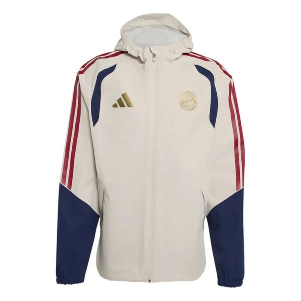 Kurtka wodoodporna Bayern Monachium 2026/27. Brązowe kurtki męskie Adidas, l, bez wzorów, z tkaniny, eleganckie, bez kaptura. Za 559.50 zł.