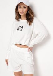 Biały 2-Częściowy Komplet Dresowy Bluza z Nadrukiem i Luźne Szorty z Kieszeniami Ridana. Białe bluzy damskie Born2be, m, bez wzorów, z dresówki, bez kaptura. Za 49.99 zł.