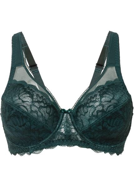 Biustonosz minimizer z delikatną koronką. Zielone biustonosze bonprix, bez wzorów, z koronki. Za 74.99 zł.