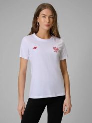Koszulka kibica damska 4F 4FRMM00TTSHF2950. Białe koszulki sportowe damskie 4f, s, bez wzorów, z bawełny, bez kołnierzyka, bez ramiączek, trekkingowe. Za 49.99 zł.