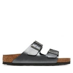 Klapki Birkenstock. Szare klapki damskie Birkenstock, bez wzorów, bez obcasa. Za 259.99 zł.