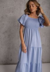 Jasnoniebieska Sukienka z Wiskozy o Rozkloszowanym Kroju z Bufiastymi Rękawkami Rosena. Niebieskie sukienki dla dziewczynek Renee, bez wzorów, z tkaniny, bez ramiączek. Za 89.99 zł.