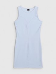 4F Sukienka mini z prążkowanej dzianiny damska - niebieska L. Niebieskie sukienki damskie 4f, na co dzień, l, bez wzorów, z dzianiny, eleganckie, bez kołnierzyka, bez ramiączek, maxi, dopasowane. W wyprzedaży za 59.99 zł.