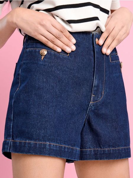 Szorty jeansowe high waist - granatowy. Niebieskie szorty damskie Sinsay, l, bez wzorów, z bawełny, z podwyższonym stanem. Za 69.99 zł.