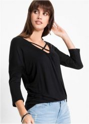 Shirt z ozdobnym elementem, z przyjaznej dla środowiska wiskozy. Czarne bluzki damskie bonprix, bez wzorów, z wiskozy, bez kołnierzyka, bez ramiączek. Za 29.99 zł.