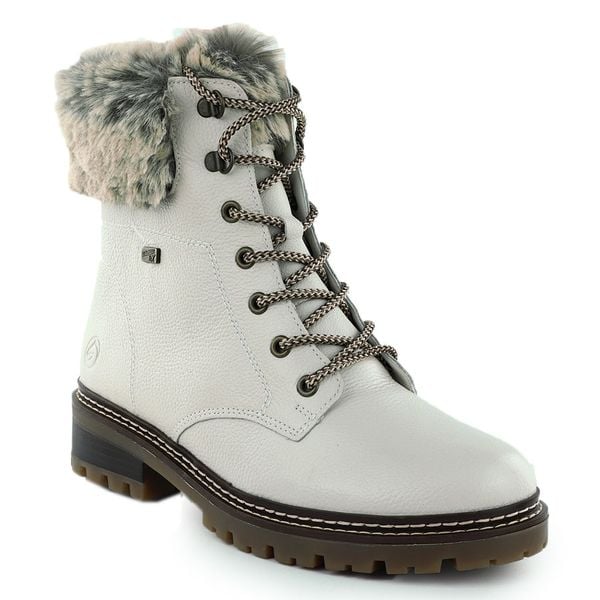 Skórzane botki damskie traperki z futerkiem bezowe Remonte Rieker D0B74-80. Brązowe botki damskie Rieker, ze skóry, bez obcasa, bez zapięcia. Za 529.00 zł.