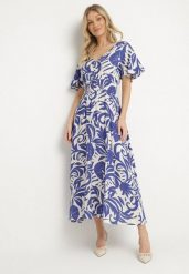Niebieska Rozkloszowana Sukienka z Wiskozy w Roślinny Wzór Ridiata. Niebieskie sukienki damskie Born2be, na co dzień, l, bez wzorów, z wiskozy, eleganckie, bez kołnierzyka, bez ramiączek, maxi, proste. Za 59.99 zł.