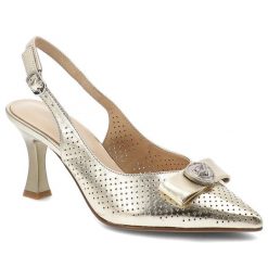 Czółenka damskie S.Barski, cholewka ze skóry naturalnej z odkrytą piętą na smukłym obcasie z ażurową cholewką i elegancką kokardą, złote, CR61-3119. Żółte czółenka damskie S.BARSKI, w ażurowe wzory, ze skóry, eleganckie, bez obcasa, bez zapięcia. Za 350.90 zł.