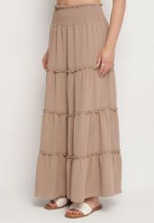 Beżowa Spódnica o Rozkloszowanym Kroju z Falbankami i Gumką w Talii Dovinala. Brązowe spódnice damskie Born2be, l, bez wzorów, eleganckie, maxi, koszulowe. Za 59.99 zł.